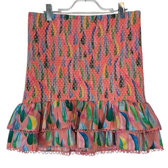 Farm Rio Anthro Smocked Mini Skirt Pink Floral Print Boho Ruffle Hem XL NWT - Picture 2 of 8